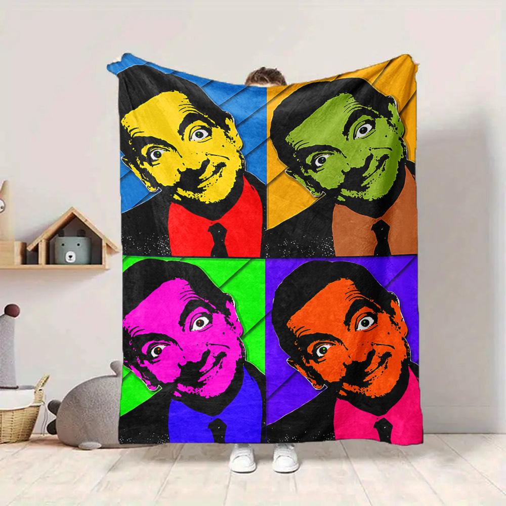 1pc Mr. Bean Pop Art Flannel Throw Blanket HD Printed Lightweight Soft Warm All Season Blanket for Sofa, Bed, Travel, Camping Machine Washable