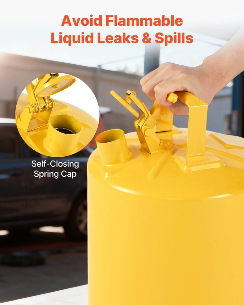 Safety Can, 19 L Type I Yellow Safety Can for Diesel with Stainless Steel Flame Arrester, Self-Closing Lid, and PE Funnel, Carbon Steel Flammable Fuel