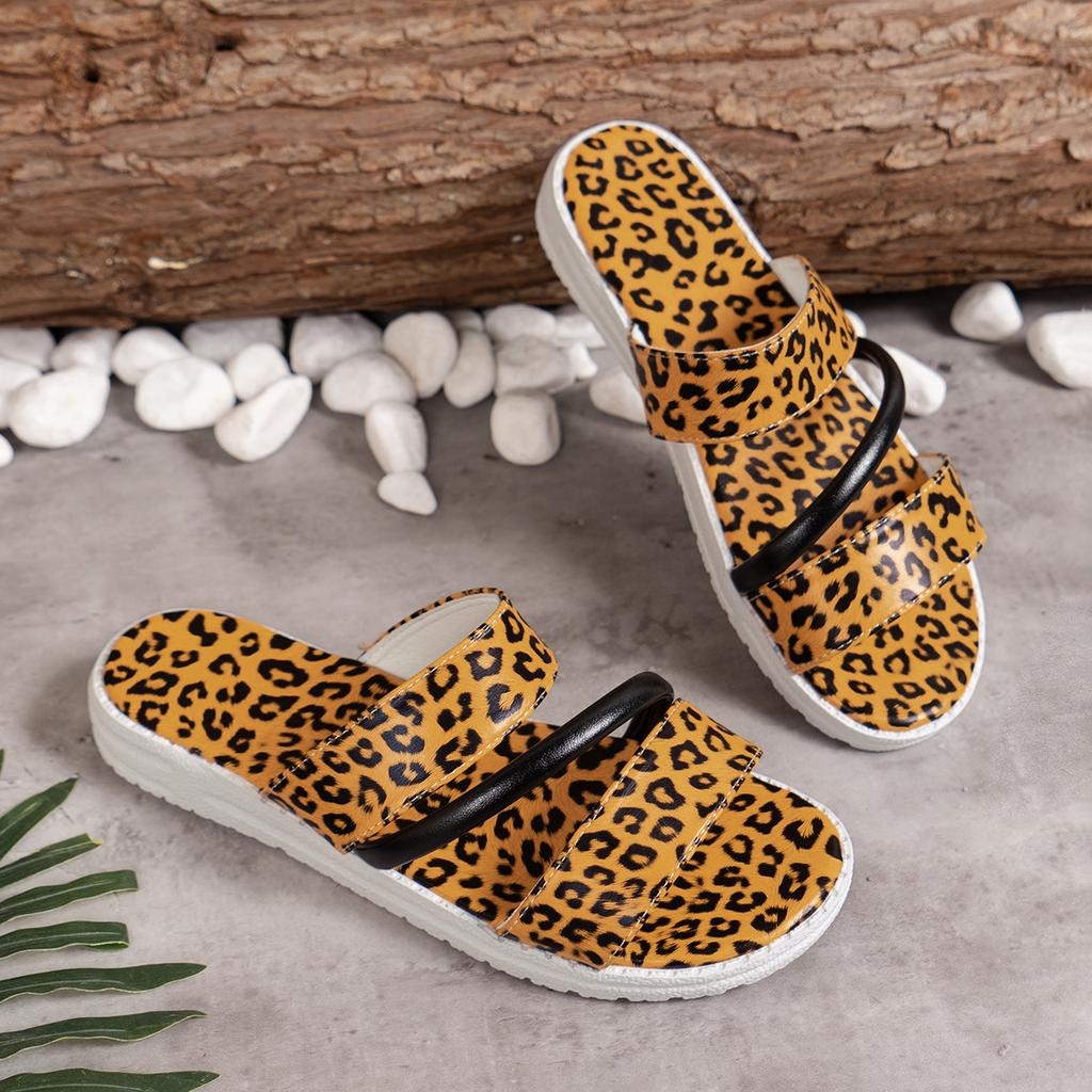 Large Size Women's Sandals New Leopard Print Flat Bottom One Word Fashion Sandals Women