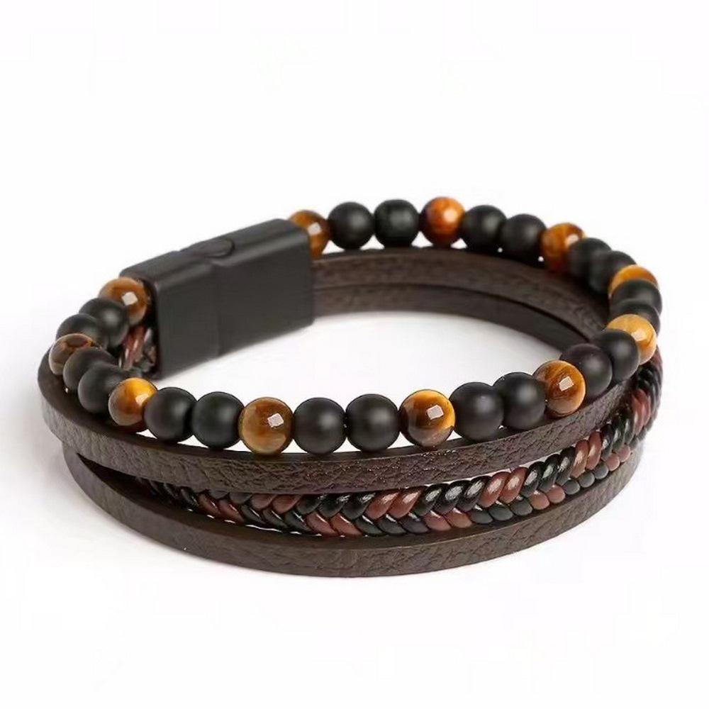 Men's Tiger Eye Stone Leather Bracelet - Multi-layer, Beaded, Fashionable, and Versatile.