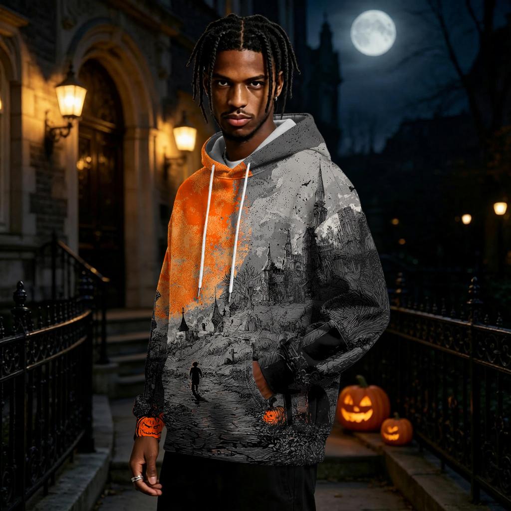 Men's Halloween Printed Long Sleeve Pullover Hoodie