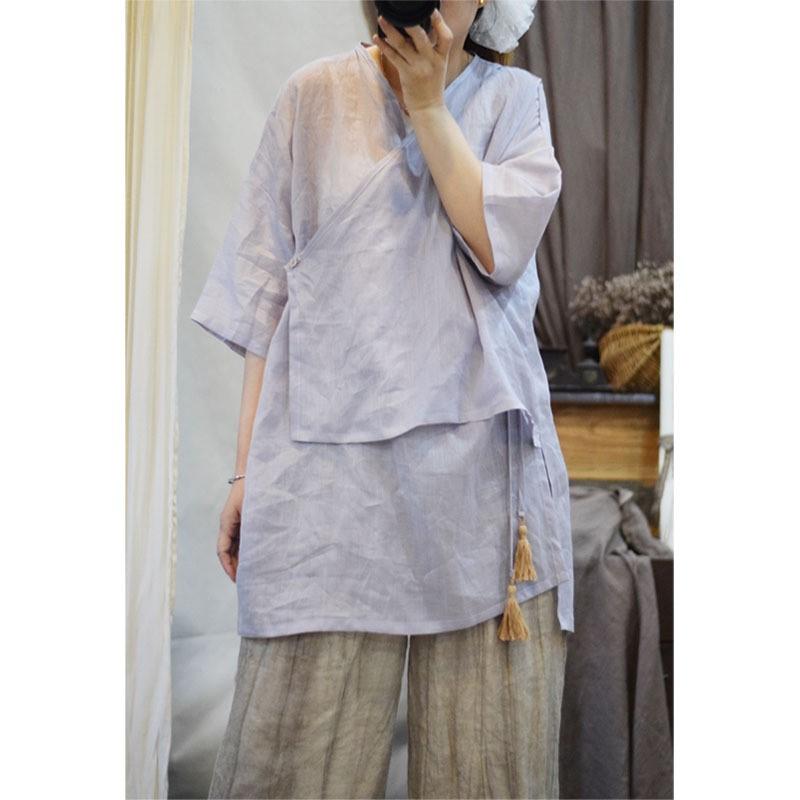 Johnature Frau Frühling Vintage Chinesischen Stil Hemd Spleißen Halbe Ärmel Einfarbig Hemd