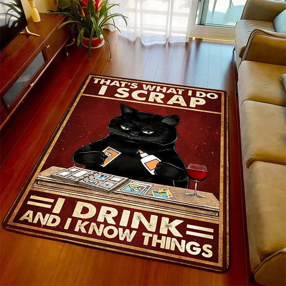 Schwarze Katze Retro Bereichsteppich Teppich Wohnzimmer Heimdeko Sofa Teppich Rutschfest Stuhlkissen Lounge Matte Halloween Hexen Dekoration
