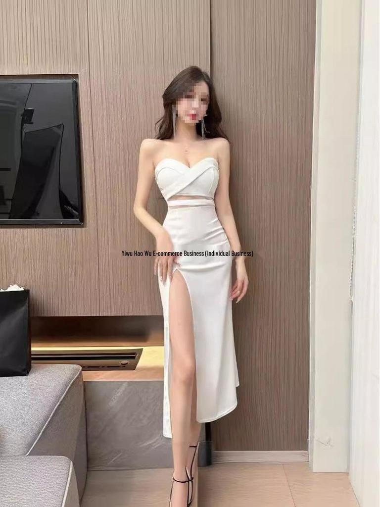 Sexy V-Ausschnitt Trägerloses Arbeits-Abendkleid - Figurschmeichelnder Schlitz Bodycon Langer Rock für Damen