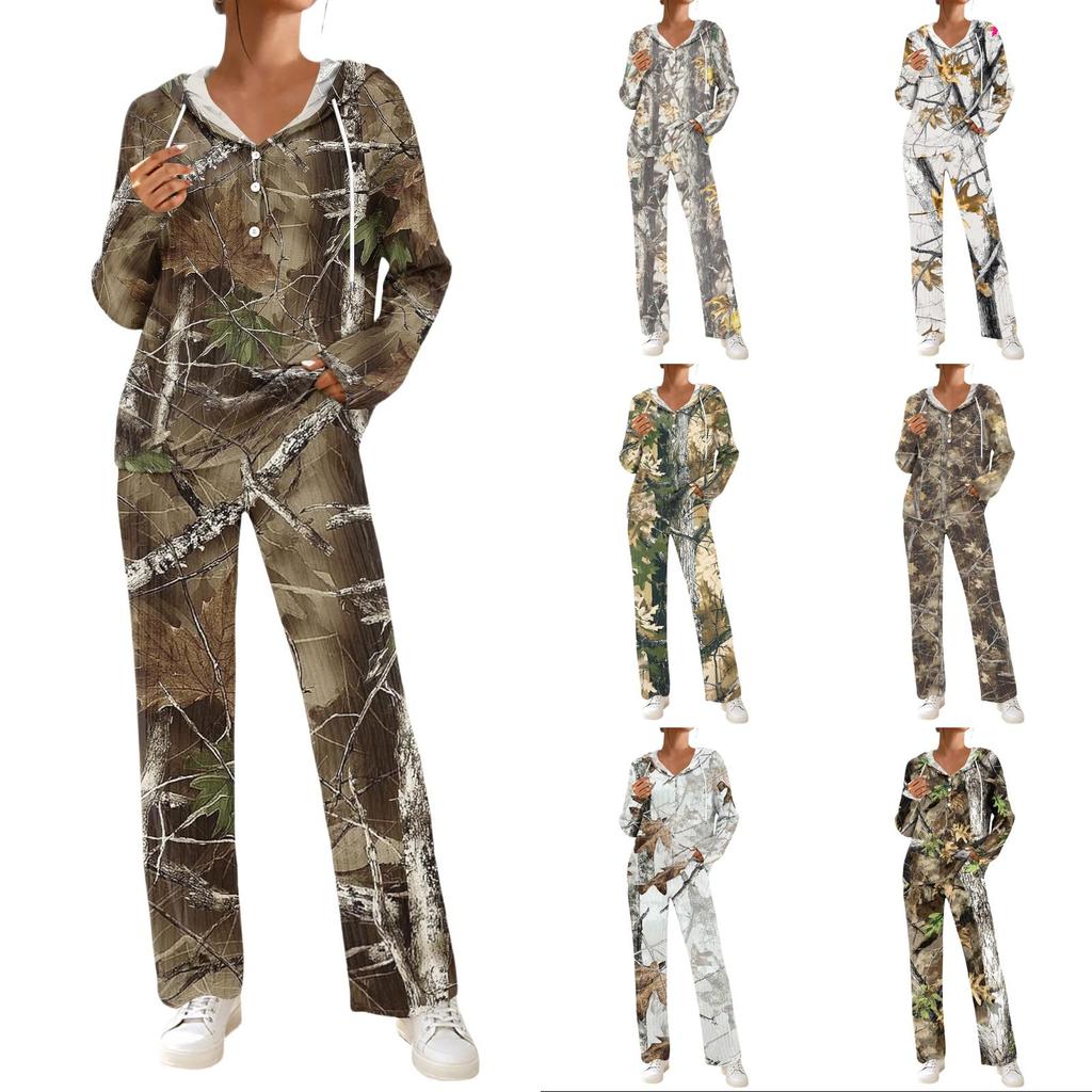 Women's Casual Hooded Pajama Set with V-Neck, Long Sleeves, Loose Fit, Print and Pockets for and Sleep