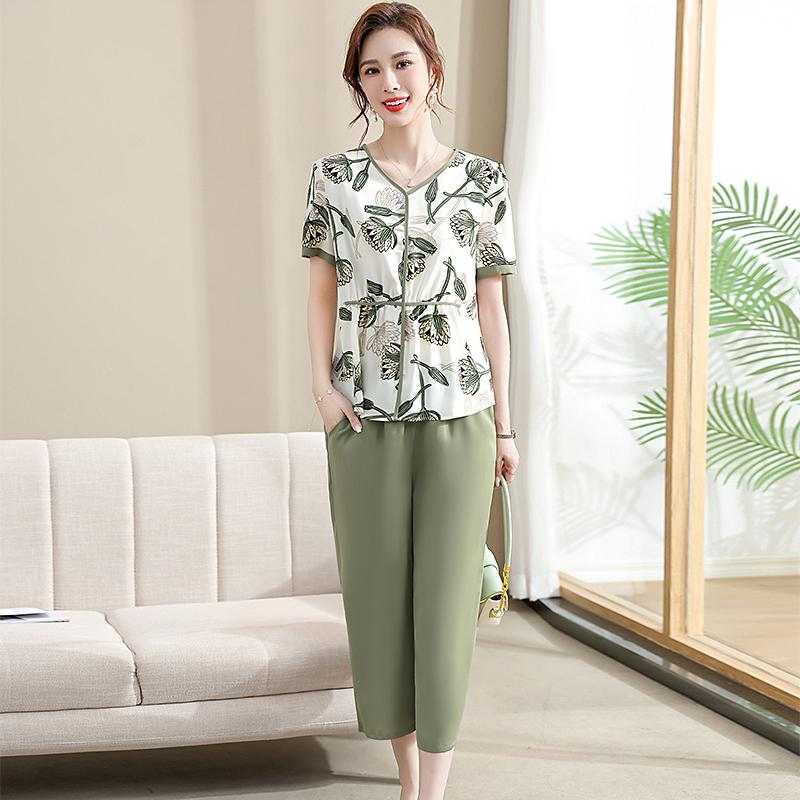 

Женская футболка с короткими рукавами + длинные брюки, летний стильный и дышащий комплект женской модной одежды больших размеров 2024 года, уличная блузка M зелёный