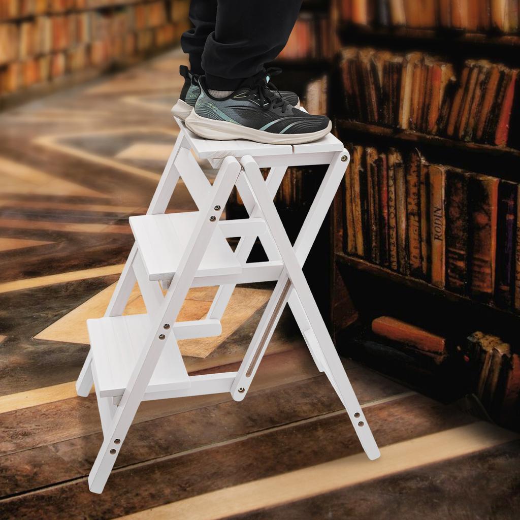 White 3-Tier Step Stool Ladder, Folding Wood Step Stool with Handle, Non-Slip Wide Pedal, Compact Storage, Supports Up To 220lbs
