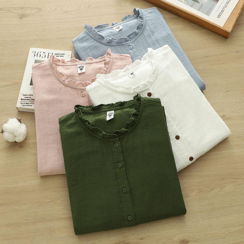 Japanese Style Women's Long Sleeve Lace Collar Shirt: Double Layer Cotton Gauze Loose Blouse