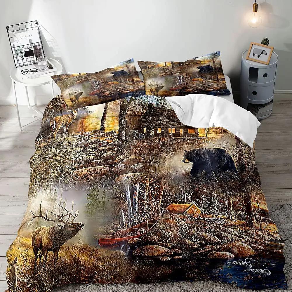 Deer Duvet Cover SetWoodland Animals Elk Moose Bear Wildlife Hunting Country Cabin Bedding SetRustic Farmhouse Comforter Cover