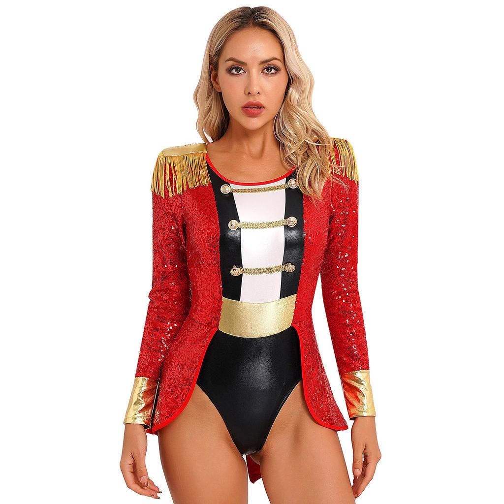 Womens Circus Ringmaster Cosplay Bodysuit Long Sleeve Allover Sequin Tail Jumpsuit Halloween Festival Costumes