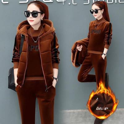 Women's Spring and Autumn Padded and Thickened Plus Size Warm Jacket + Casual Slim Trousers + Hooded Waistcoat Sports Three Piece Set
