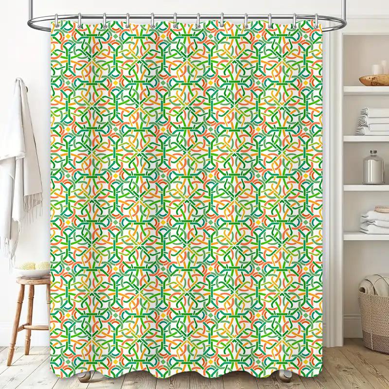 Vibrant Interlocking Geometric: Orange and Green Pattern Shower Curtain for a Modern and Energetic Bathroom Décor