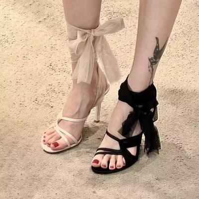 Women Peep Toe Cross-tied Ankle Strap Sandals Lady Stiletto High Heels Banquet Party Bohemian Umps Shoes Summer Bow Leisure