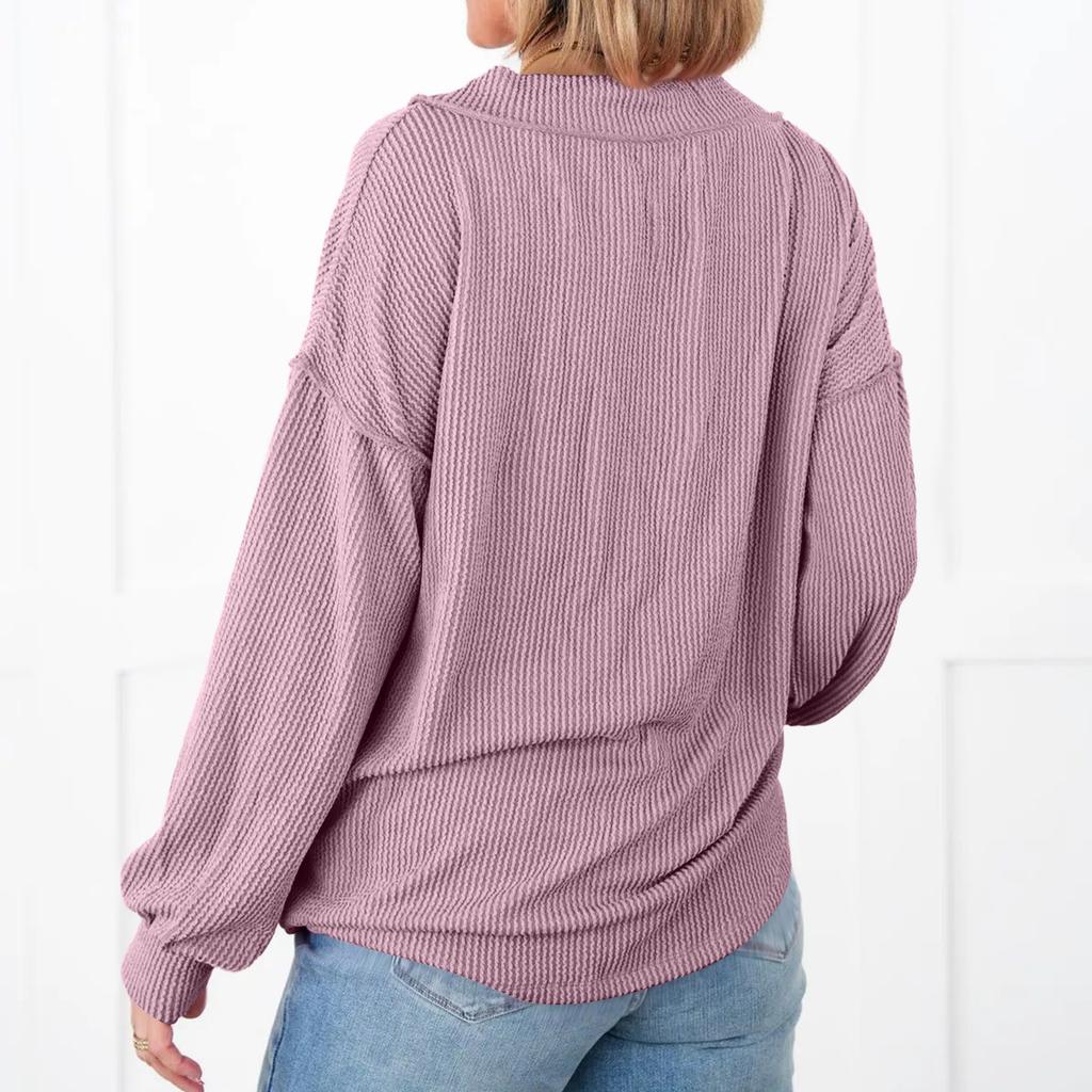 Women's Loose And Comfortable Casual Fashion V-Neck Solid Color Long Sleeve Knit Top