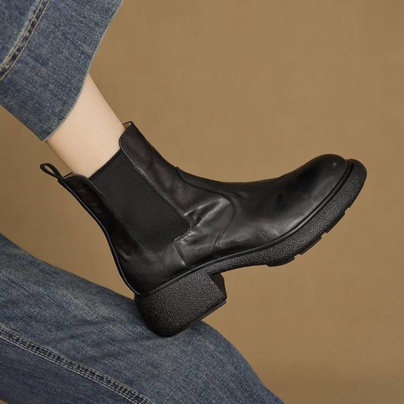 New Women's Versatile Leather Knight Boots Sleeve Solid Color Cowhide Versatile Women's Boots Square Heel Round Head Medium Boots Women's