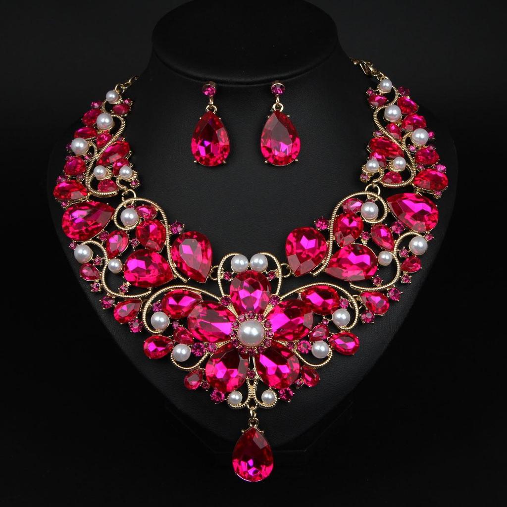 Elegant Cross-Border Fashion Flower Crystal Necklace & Earring Set for Brides