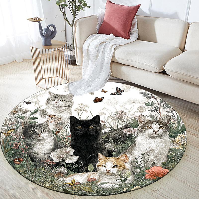 Cats Flowers Round Area Rug,Carpet Rug for Living Room Bedroom Sofa Playroom Decor,Non-slip Floor Mat