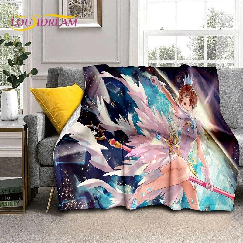 3D Cartoon Captor Anime Cute Card Sakura Blanket,Soft Throw Blanket for Home Bedroom Bed Sofa Picnic Office Cover Blanket Kids