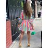 Women's Colorful Striped V-neck Dress with Belt Long Sleeve V-neck Casual Short Dress