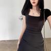 Black French square neck hip-wrapped knitted skirt women's summer new Spice Girl temperament ruffle leaf dress