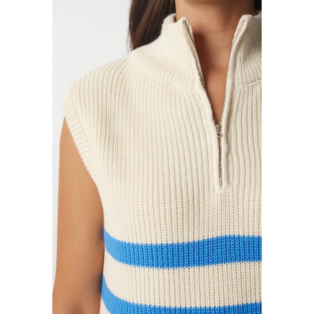 Women's Cream Black Zippered Collar Striped Sweater Mx00123