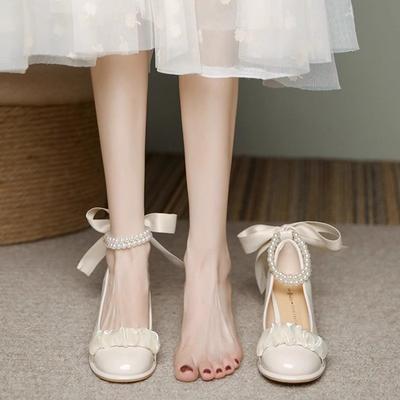 Single Shoes Women's Spring  New Light Mouth Versatile Shoes Pearl Lady Thick Heel Mary Jane High Heels