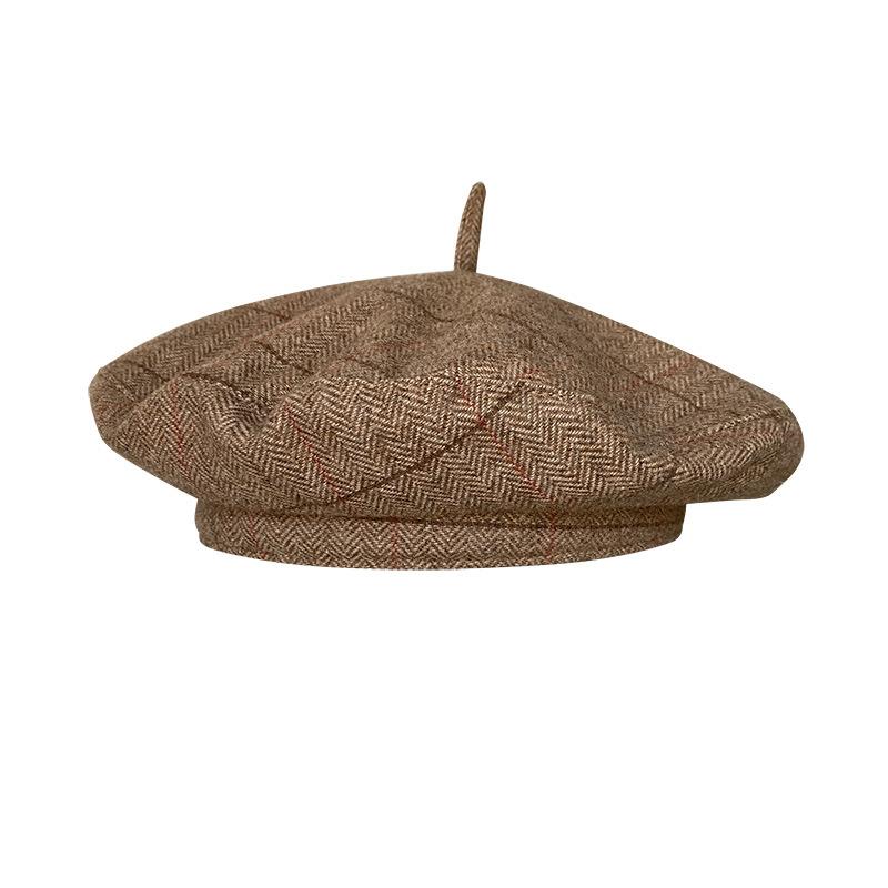 Women's Wool Blend Beret Hat Asian & British Style Vintage Check Pattern Versatile Painter Cap (UFO Hat Design)