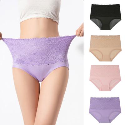Women Briefs High Elasticity Breathable Soft Panties High Waist Solid Color Embroidery Lace Splicing Plus Size Underwear