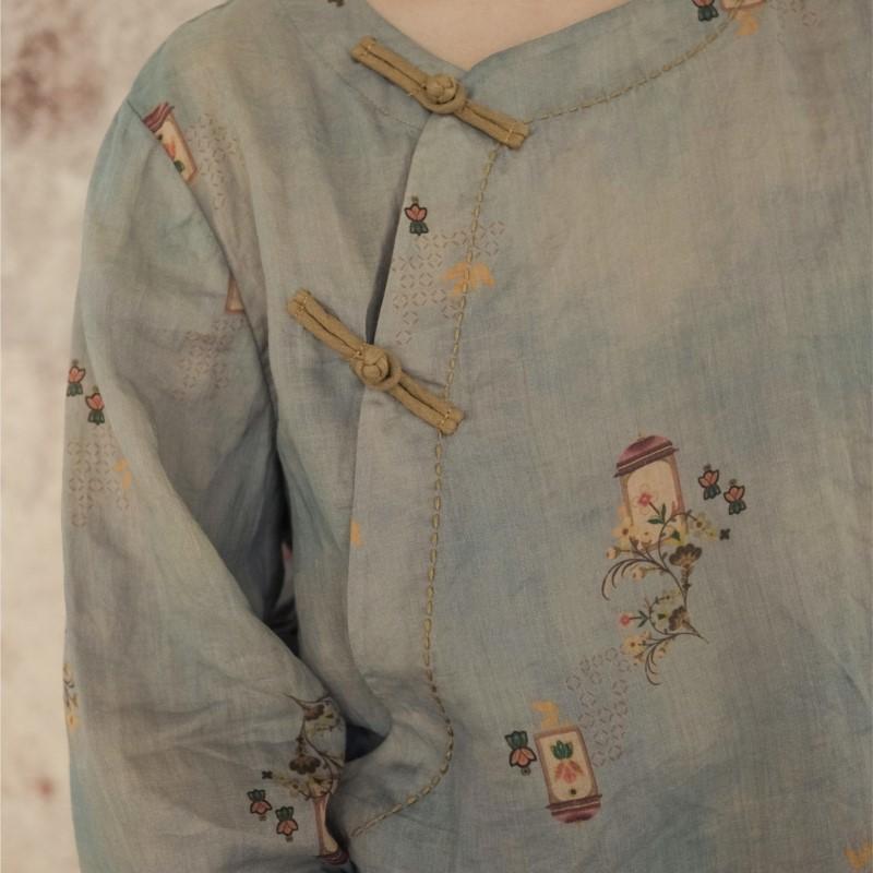 Johnature Dámské vintage potisk květinové košile Topy s devíti rukávy Ramie jarní halenky na knoflíky dámské košile