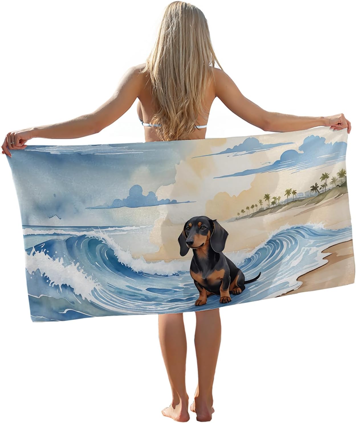 Shanika Chen Women's Dachshund Beach Towel Weiner Dog Pool Towels Watercolor Coastal Sand Towel Large Bath Towels Gifts For Lovers Travel