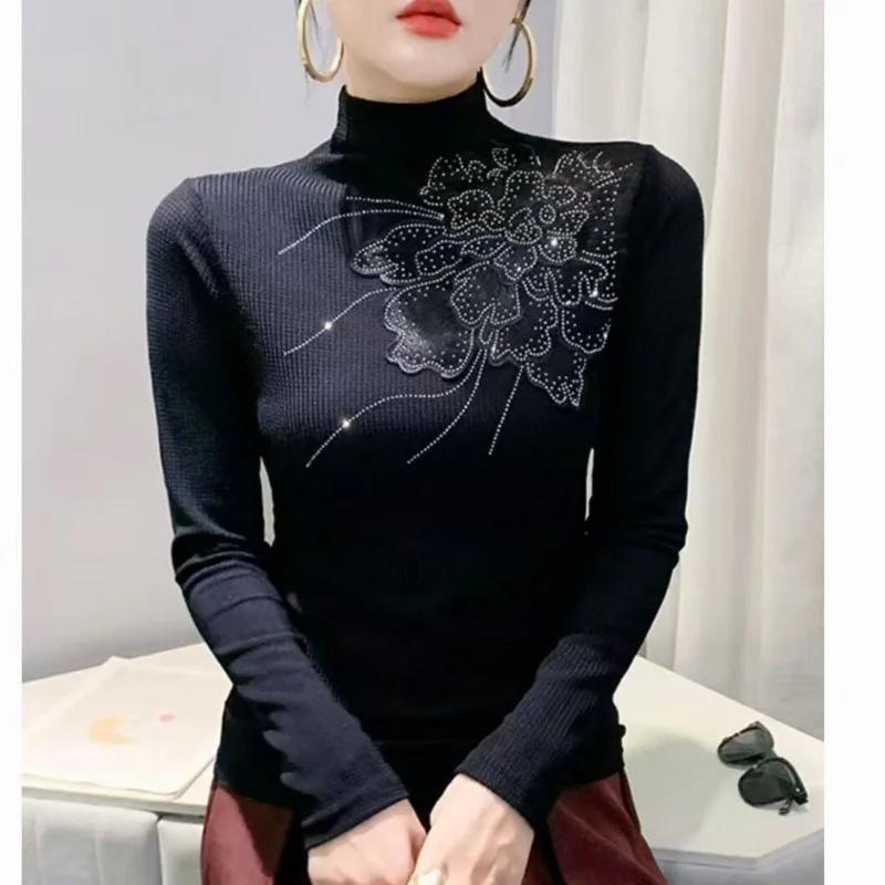 Fashionable Turtleneck BottomingWomen Hollow Hot-drilled Long-sleeved T-shirt Tight-fitting Inner Top
