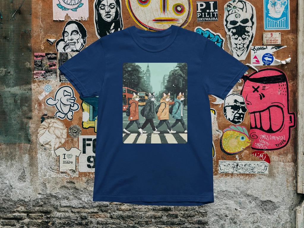Abbey Road Cat Band Tee Funny Music Parody Tee Graphic T Shirts Retro Streetwear High-quality Crew-neck Short-sleeved Men's T