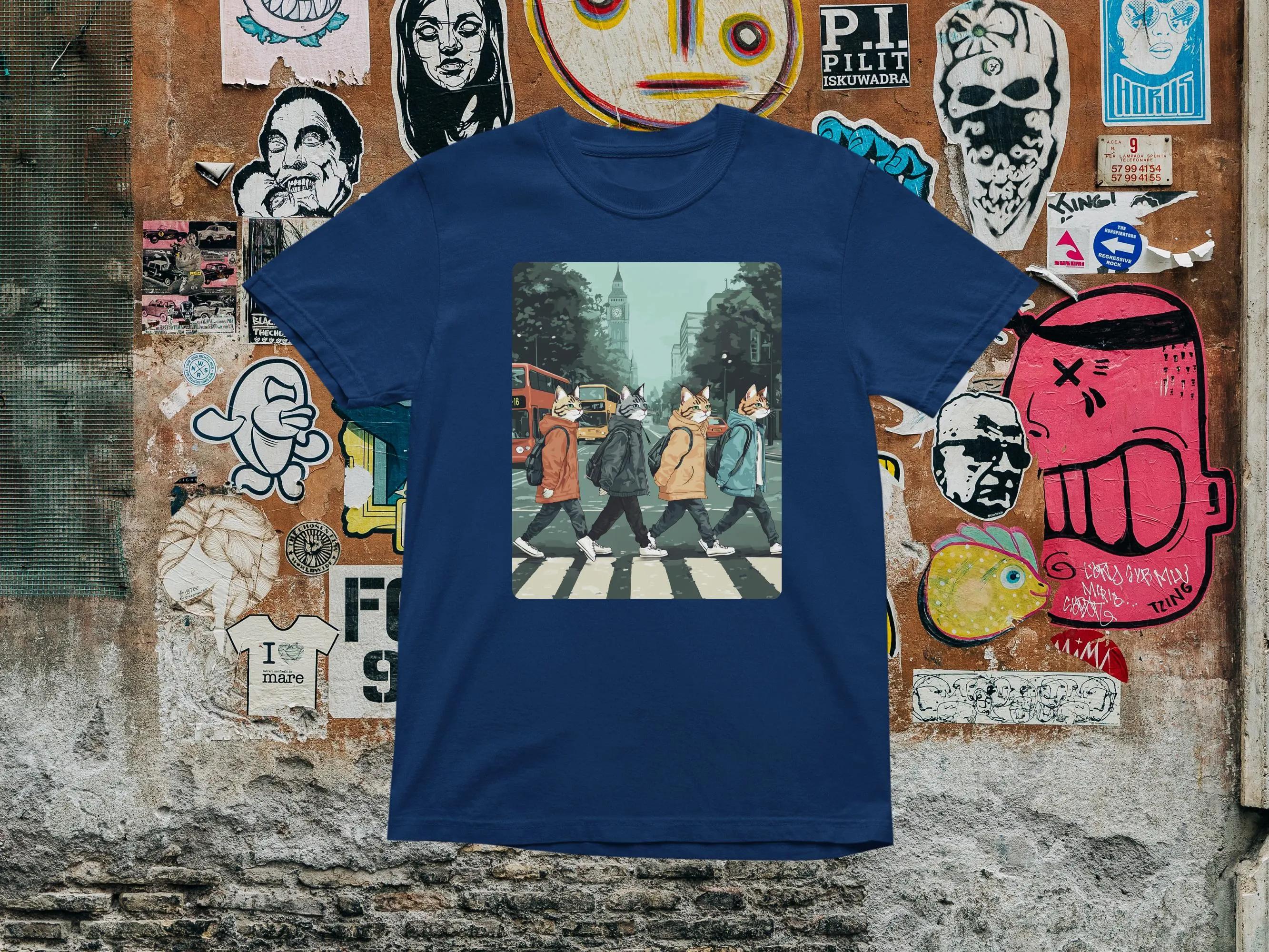 

Abbey Road Cat Band Tee Funny Music Parody Tee Graphic T Shirts Retro Streetwear High-quality Crew-neck Short-sleeved Men s T 4XL