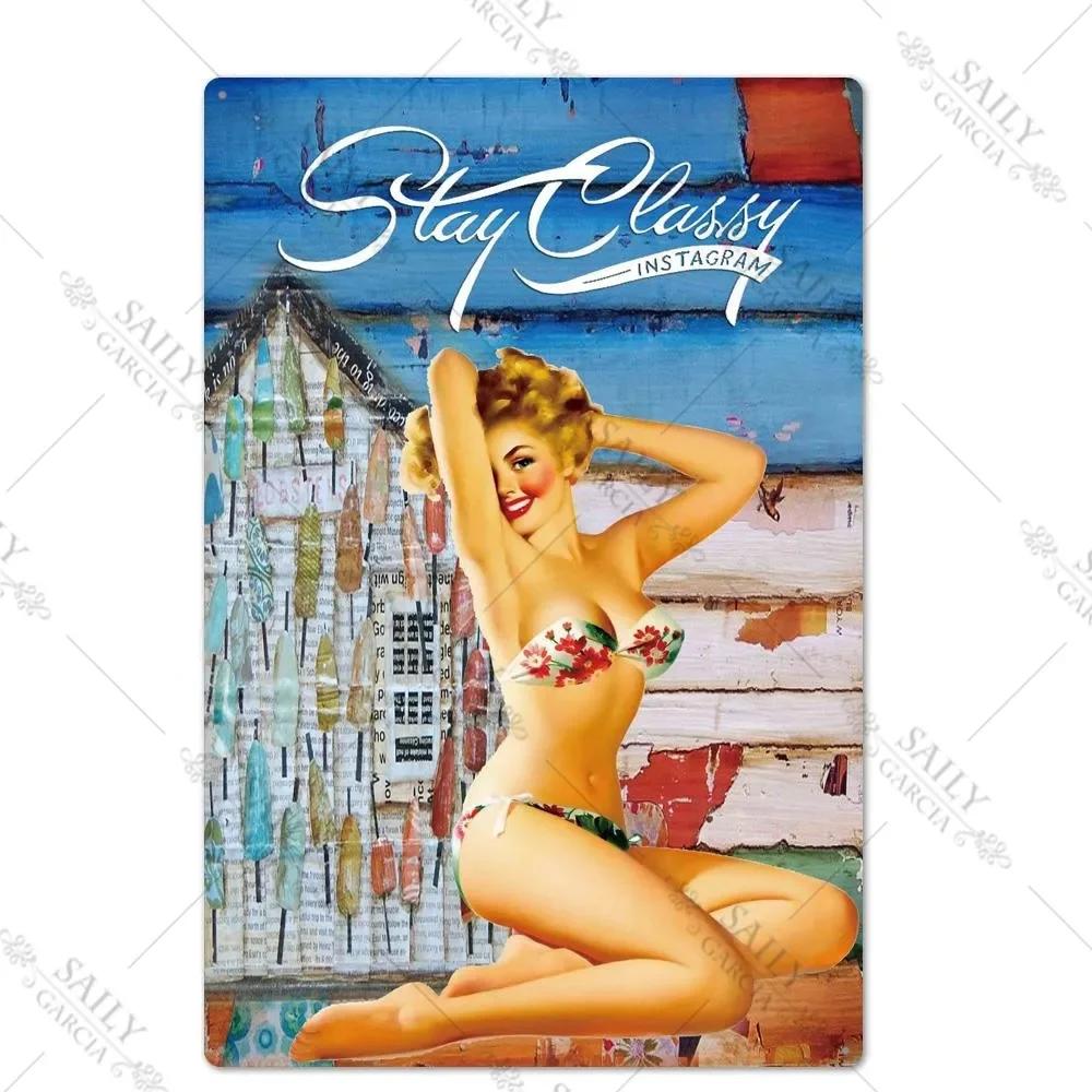 Vintage Surfing Girls Metal Sign Posters for Home Decor Fashion Art Wall Mural Bar Pub Sign Decor Metal Plate