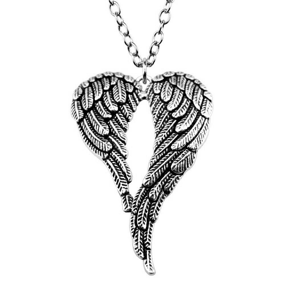 Angel Wing & Open Heart Pendant Necklace Romantic Gothic Statement Jewelry 45cm or 70cm Long Chain