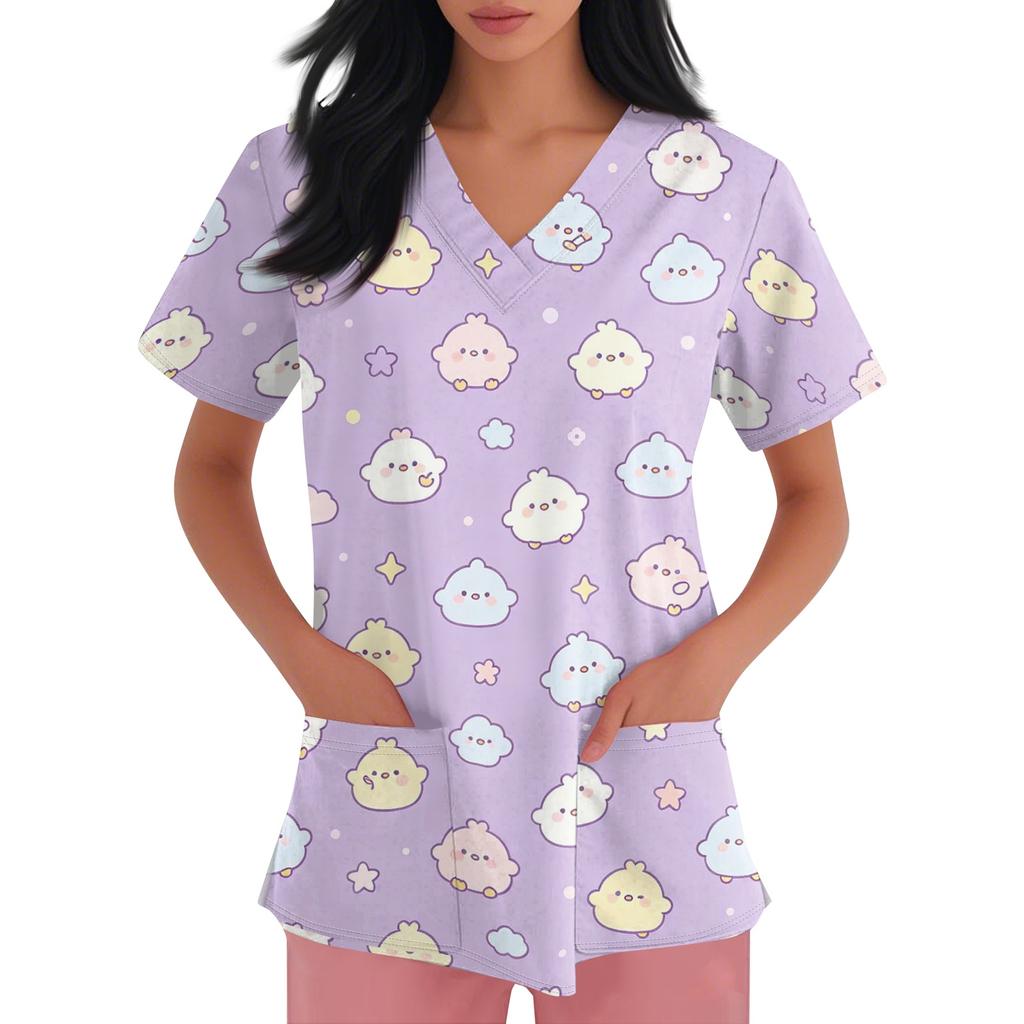 Women's V Neck Short Sleeve Work Top with Pockets Cute Animal Print Medical Scrub Shirt for Healthcare Professionals Nursing Uniform
