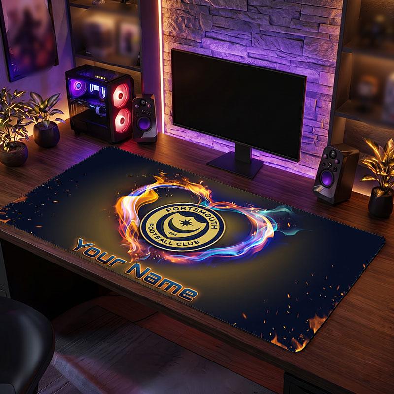 Portsmouth FC Custom Large Mouse Pad, Personalized Name Text Print, Football Logo Non‑Slip Desk Mat Gaming Gift