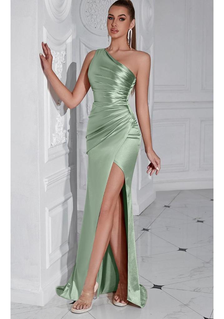 European & American Fashion Ruched One-Shoulder Bodycon Slit Evening Dress – Sexy Goddess Style