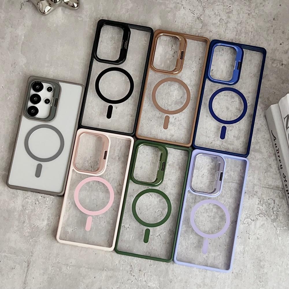 Metal Ring Lens Stand Holder Clear Magnetic Case For Samsung S25 Ultra S24 Plus S23 FE S22 A56 A36 A06 A15 For Magsafe Cover