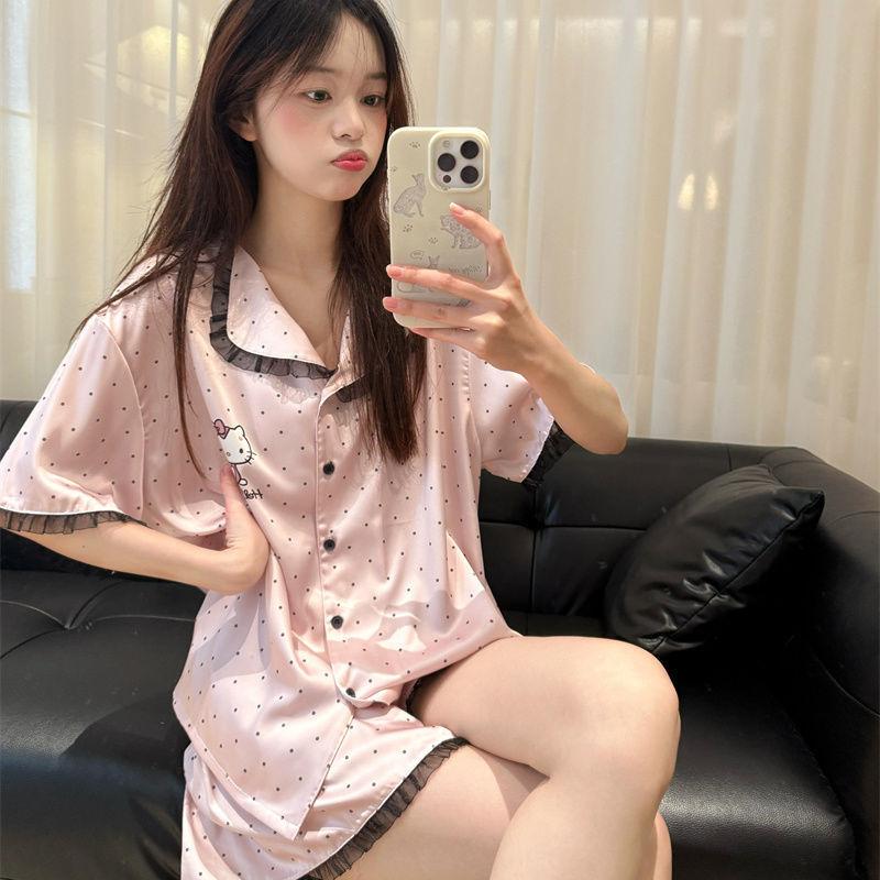 

Polka dot hellokitty cat pajamas women s summer new lace short-sleeved Japanese student homewear spot m [recommended weight 40-50kg]