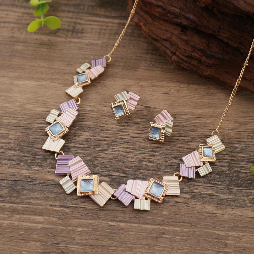 New Color Painting Oil Geometric Square Stud Earrings Necklace Set, Personalized Women's Square Neck Chain