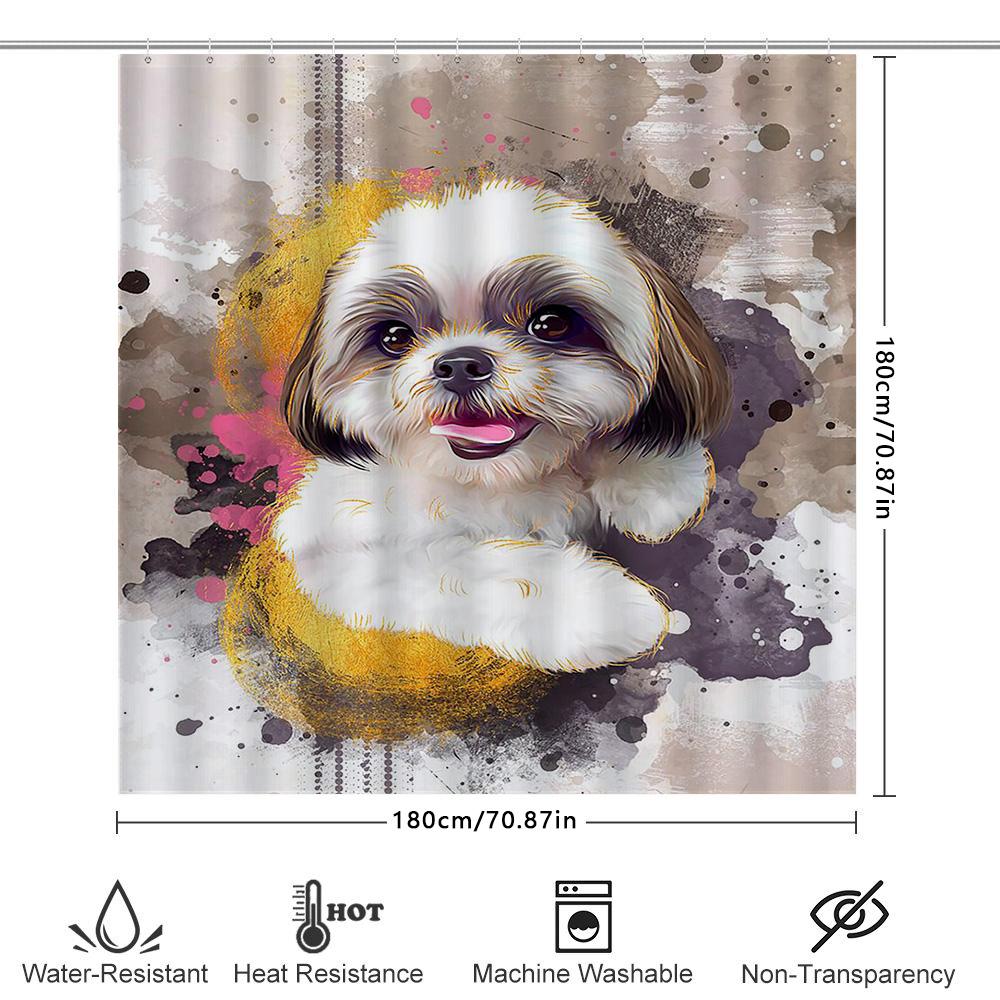 Luxury Oil Painting Dog Print Shower Curtain Waterproof Bathroom Decor Home Decoration Pink Tongue Shih Tzu Design Artistic Pet