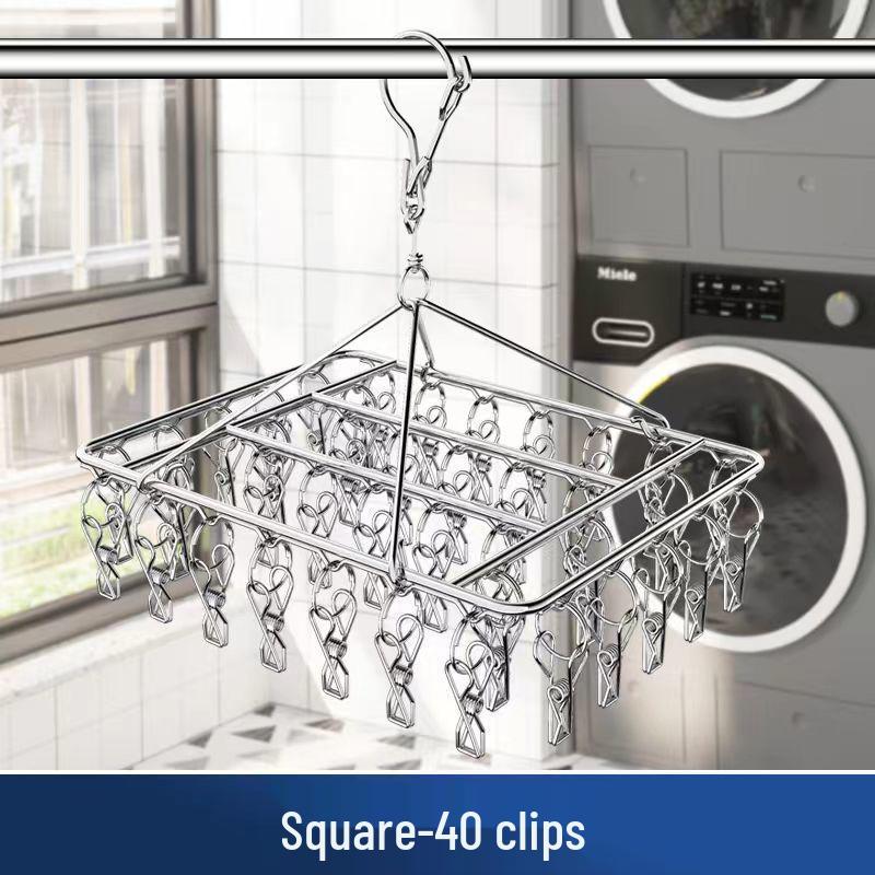 Stainless Steel Multifunctional Windproof Sock and Clothes Hanger with Clips for Home and Dorm Use.