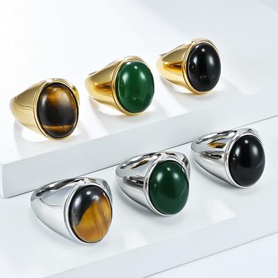 Smooth Egg-shaped Gemstone Stainless Steel  Ring Men's Personalized Fashion Tiger's Eye Stone Black Stone
