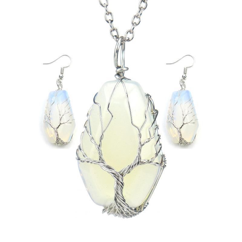 

Fashion Handmade Winding Natural Crystal Stone Hexahedron Tree Of Life Necklace Earrings Set N601