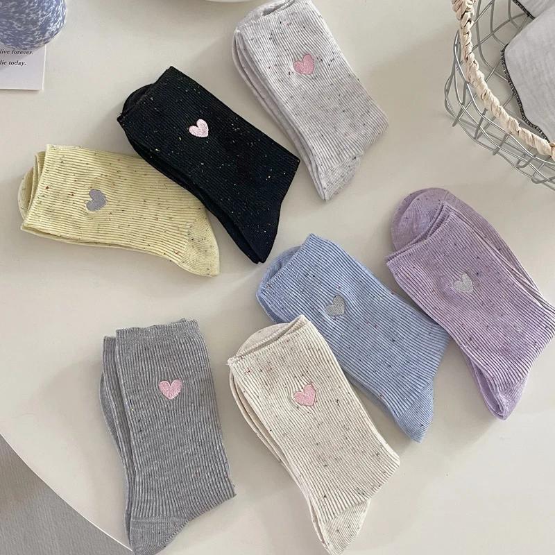Korean Style Fashion Vertical Striped Slouch Socks Women Polka Dot Embroidered Heart Socks Cute Colorful Dots Cotton Ankle Sock