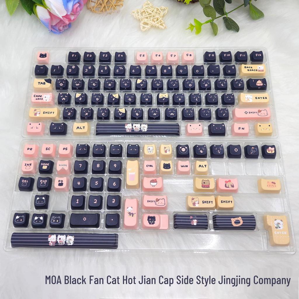 Meow Keycaps: Cute Sea Salt, Pink & Black, MAO Height, Cat Head Design, PBT Material, Includes 2.25U, 2.75U, 7U Spacebars.