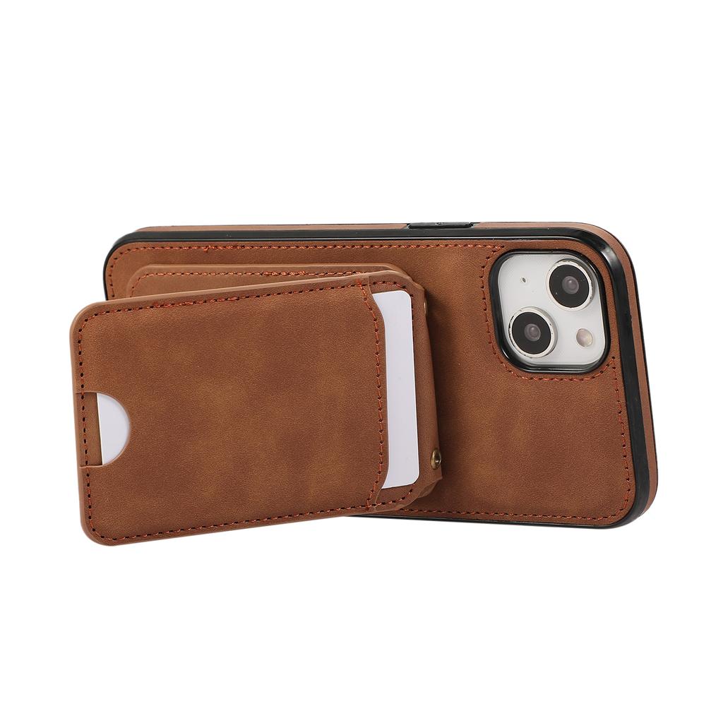 For iPhone 15 Case Card Holder Kickstand Leather + TPU Phone Cover with Shoulder Strap