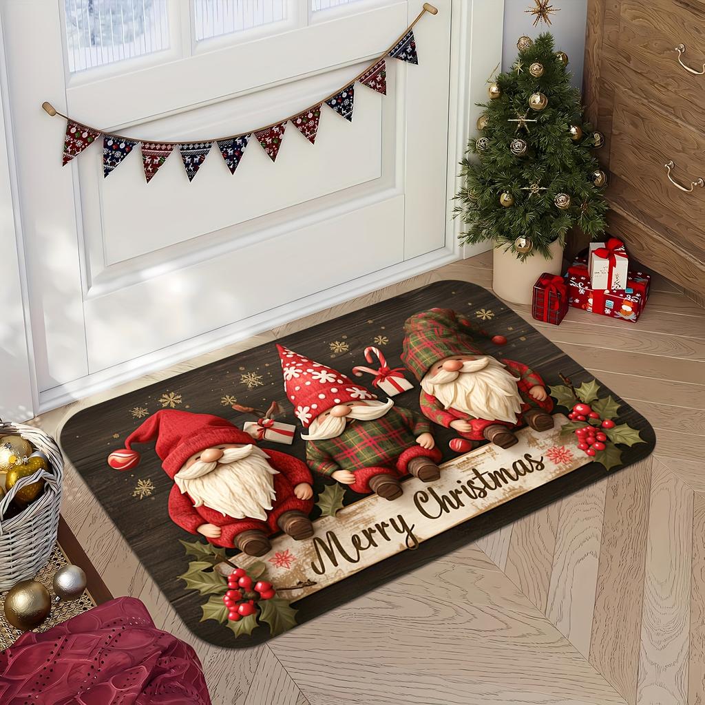 Christmas Gnome Checkered Doormat, Plush Machine Rug, Holly Berry Design for Front Door, Living Room, Kitchen, Festive Decor