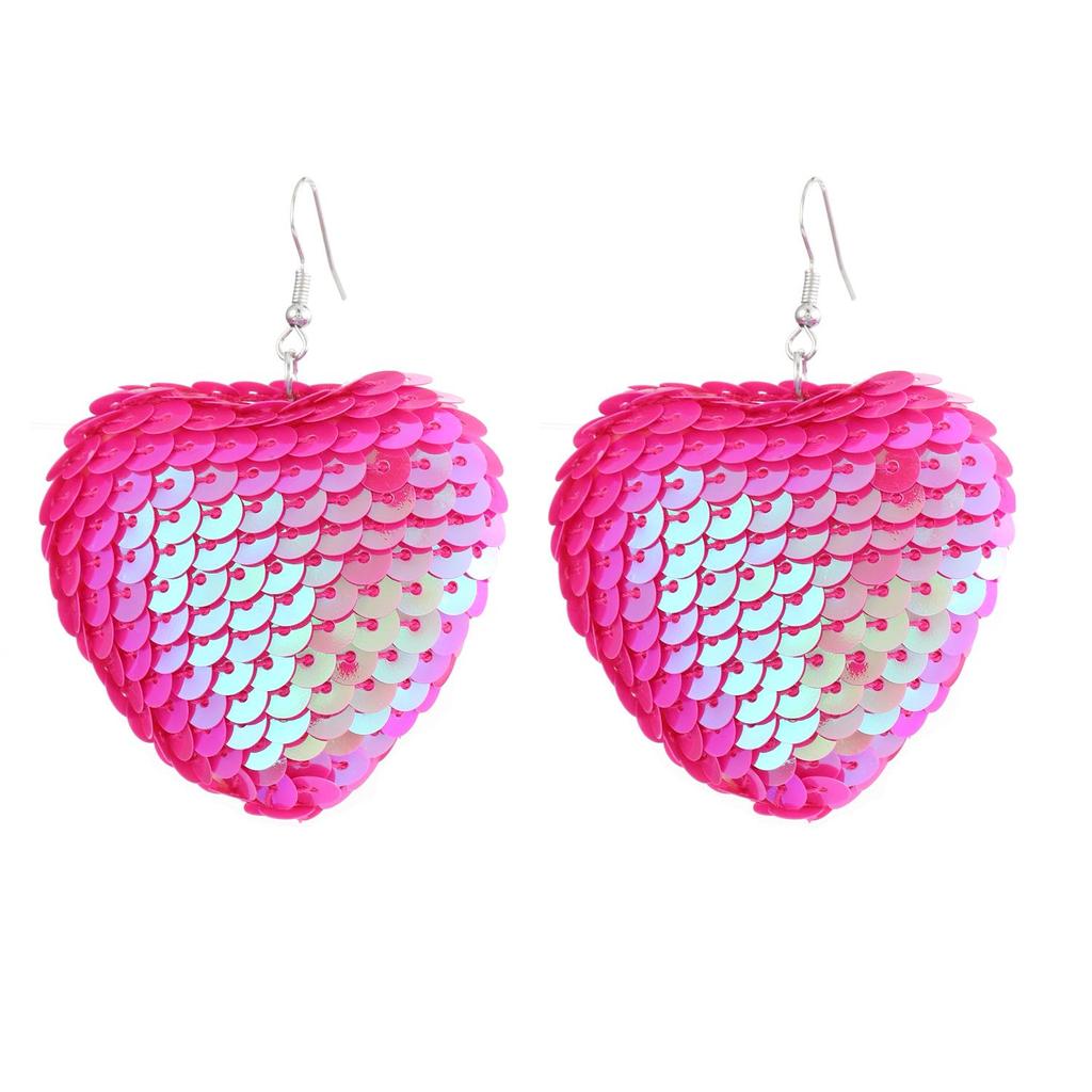Chic Reflective Sequin Heart Dangle Earrings - Childlike Nightclub Fashion with Ear Hooks